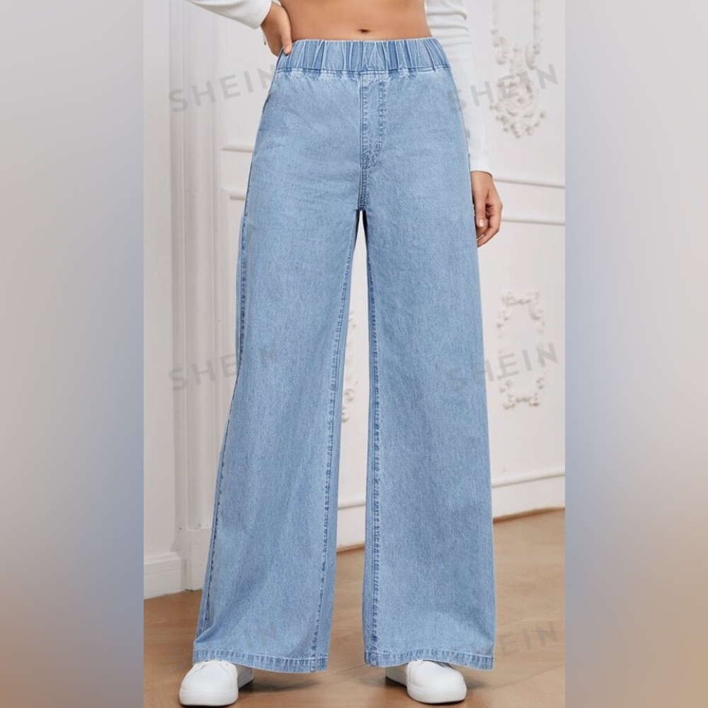 SHEIN Essence Elastic Waist Wide Leg Jeans. Blue. Large.